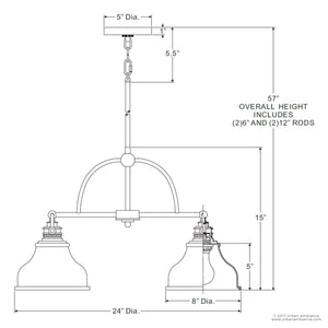 Here’s the rewritten sentence using the provided product data: Technical drawing of the Urban Ambiance UQL2332 Industrial Chandelier from the Pasadena Collection, featuring a double pendant design with an overall width of 24 inches and a height of 15.5 inches. Each shade measures 8 inches in diameter and 15 inches tall. The fixture showcases a refined Parisian Bronze finish, lending elegance to its modern industrial style.