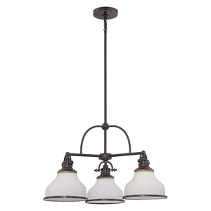 The Urban Ambiance UQL2332 Industrial Chandelier from the Pasadena Collection features a Parisian Bronze finish, measures 15.5″ high by 24″ wide, and is designed with three opal etched glass shades suspended from a central rod and circular ceiling mount.