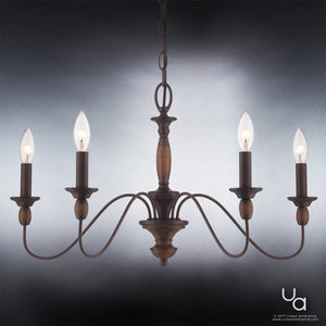 The Urban Ambiance UQL2350 Americana Chandelier from the Raleigh Collection features a rustic bronze finish, wood-tone accents, and four candle-style bulbs suspended by a chain, capturing timeless Americana style against a gradient gray backdrop.