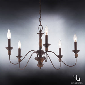 The Urban Ambiance UQL2350 Americana Chandelier from the Raleigh Collection features a rustic bronze finish with wood-tone accents, five candle-style bulbs, and gracefully curved metal arms suspended by a chain, creating a timeless Americana look. Measuring 14.25″ high by 24″ wide, this chandelier stands out beautifully against a gradient background.
