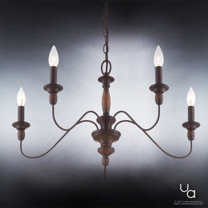The Urban Ambiance UQL2350 Americana Chandelier from the Raleigh Collection features a rustic bronze finish and warm wood-tone accents. Measuring 14.25 inches high by 24 inches wide, this five-arm chandelier is suspended by a chain against a gradient gray background, showcasing classic Americana style with exposed bulbs and dark wood details.