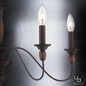 Close-up of the Urban Ambiance UQL2350 Americana Chandelier from the Raleigh Collection, showcasing its two-arm, curved design with candle-style LED bulbs and a rustic bronze finish against a neutral background—beautifully capturing the timeless charm of Americana style.