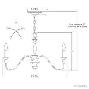 Line drawing of the UQL2350 Americana Chandelier from Urban Ambiance’s Raleigh Collection, featuring a classic Americana style with rustic bronze finish and wood-tone accents. The chandelier measures 24″ wide by 14.25″ high, has an overall height of 63″ including the chain, and includes a canopy with a 5.5″ diameter. Top view diagram included.
