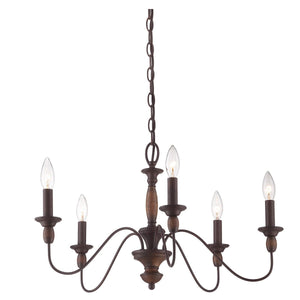 The Urban Ambiance UQL2350 Americana Chandelier from the Raleigh Collection features a rustic bronze finish, measures 14.25 inches high by 24 inches wide, and showcases an Americana style with five candle-style bulb holders, wood-tone accents, and a durable hanging chain.