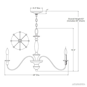 A diagram showing the dimensions of a unique UQL2351 Americana Chandelier.