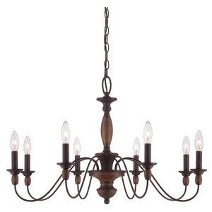 A unique Americana chandelier with six lights in a rustic style.