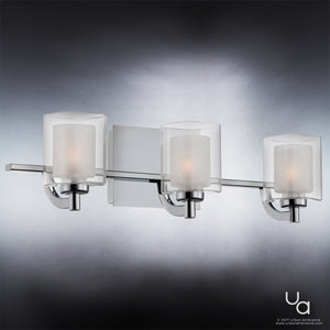 The Urban Ambiance UQL2402 Modern Bathroom Vanity Light from the Napa Collection features three frosted glass shades and a polished chrome finish, elegantly mounted on a flat rectangular base measuring 6″ high by 21″ wide, making it a sophisticated choice for contemporary bathrooms.