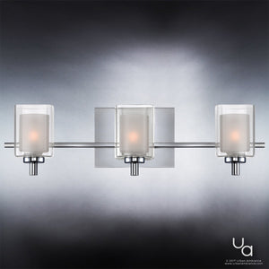 The Urban Ambiance UQL2402 Modern Bathroom Vanity Light from the Napa Collection features three frosted glass shades and a polished chrome finish, mounted on a rectangular backplate. Measuring 6″ high by 21″ wide, this sophisticated bath fixture highlights subtle two-toned details for added modern style.