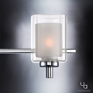 The Urban Ambiance UQL2402 Modern Bathroom Vanity Light from the Napa Collection, featuring a polished chrome finish with frosted inner glass and clear outer glass shades, softly glows against a gray gradient background—an elegant 6″H x 21″W wall fixture designed to elevate any space.