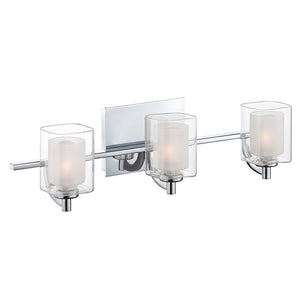 The Urban Ambiance UQL2402 Modern Bathroom Vanity Light from the Napa Collection features three lights with frosted inner glass shades and clear outer glass, mounted on a rectangular polished chrome backplate; its two-toned design adds contemporary elegance to any space.