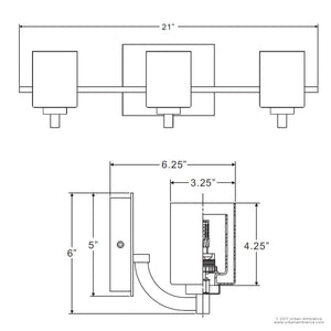 A diagram displaying the dimensions of a beautiful Urban Ambiance UQL2403 Modern Bathroom Vanity Light, 6