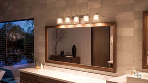 An Urban Ambiance bathroom with two sinks and a mirror, featuring the UQL2406 Modern Bathroom Vanity Light from the Napa Collection in a Brushed Nickel Finish, creating a beautiful lighting fixture.