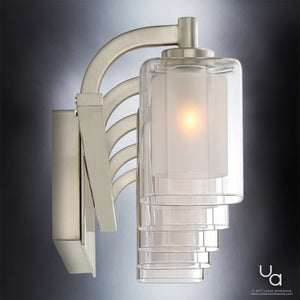 An Urban Ambiance wall sconce with three UQL2406 Modern Bathroom Vanity Lights and a gorgeous glass shade.