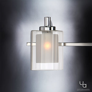 The UQL2407 Modern Bathroom Vanity Light from the Napa Collection by Urban Ambiance features a sleek wall-mounted design with a cylindrical dual-layered frosted glass shade, polished chrome finish, and elegant metal arm—making it an ideal choice for contemporary bathrooms seeking refined modern lighting. Size: 6″H x 42″W.