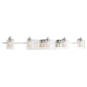 The Urban Ambiance UQL2407 Modern Bathroom Vanity Light from the Napa Collection features five cylindrical, dual-layered frosted glass shades on a sleek rectangular backplate with a polished chrome finish, measuring 6″ high by 42″ wide—an ideal choice for modern bathroom lighting.