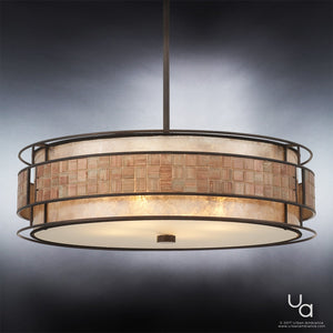 A unique UQL2430 Art Deco lamp with a wooden shade and metal frame.