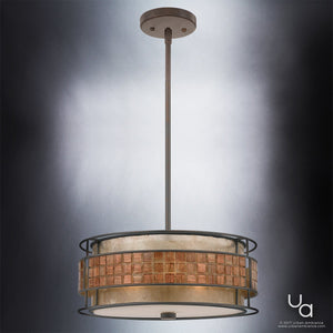 Certainly! Here’s the rewritten sentence using your product data: The UQL2431 Art Deco Chandelier from Urban Ambiance’s Genoa Collection features a circular frame with mosaic glass accents and a frosted glass diffuser, all finished in Copper Revival and suspended by a metal rod against a gradient background.