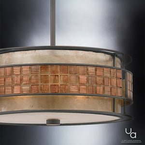 The Urban Ambiance UQL2431 Art Deco Deco Chandelier from the Genoa Collection features a modern layered design with a circular frame, copper revival finish, and frosted glass diffuser, suspended elegantly from a metal rod. The fixture measures 6.5 inches in height and 16 inches in width, creating a striking centerpiece against any backdrop.