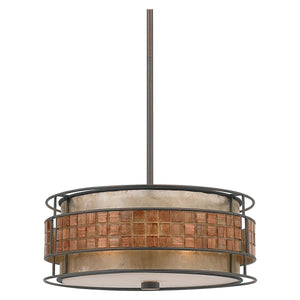 Experience the elegance of the Urban Ambiance UQL2431 Art Deco Deco Chandelier from the Genoa Collection, featuring a 6.5″ high by 16″ wide round design with a striking copper revival finish. The metal frame is complemented by a textured glass shade and detailed brown mosaic tile accents encircling the center, showcasing intricate craftsmanship for a timeless statement piece reminiscent of classic Art Deco style.