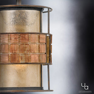 Close-up of the Urban Ambiance UQL2433 Art Deco Hanging Pendant Light from the Genoa Collection, featuring a double-shaded drum design with a metal frame in a Copper Revival finish and textured, translucent panels evocative of mosaic tile, set against a gradient gray background.