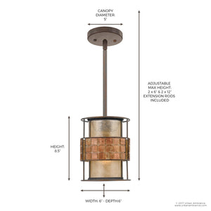 The UQL2433 Art Deco Hanging Pendant Light from the Genoa Collection by Urban Ambiance features a double-shaded drum and cylindrical shade in a copper revival finish. Measuring 8.5″ high, 6″ wide, and 6″ deep with a 5″ canopy, its height is adjustable with included rods for versatile installation.