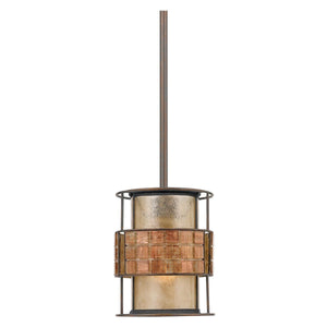 The Urban Ambiance UQL2433 Art Deco Hanging Pendant Light from the Genoa Collection features a cylindrical metal frame with a sophisticated Copper Revival finish. Its double-shaded drum design combines a gold-toned inner shade with a copper-colored, textured band around the middle, evoking the intricate beauty of mosaic tile detailing and creating an elegant focal point that adds depth to any space.