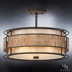 Illuminate your space with the Urban Ambiance UQL2435 Art Deco Semi-Flush Ceiling Light from the Genoa Collection. Featuring a round, copper revival metal frame and a layered, woven-textured drum shade in neutral tones, this 12″ high by 16″ wide ceiling fixture brings depth and elegance while diffusing soft, inviting light throughout your room.