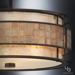 Close-up of the Urban Ambiance UQL2435 Art Deco Semi-Flush Ceiling Light from the Genoa Collection, featuring a round metal frame in a Copper Revival finish and a textured panel with copper mosaic tiles, beautifully illuminated against a gradient background.