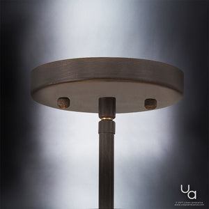 Close-up view of the round canopy of the Urban Ambiance UQL2435 Art Deco Semi-Flush Ceiling Light from the Genoa Collection, featuring a warm Copper Revival finish with two visible screws and attached to a vertical rod, set against a softly blurred background that highlights tones reminiscent of copper mosaic tiles.
