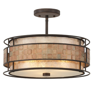 The Urban Ambiance UQL2435 Art Deco Deco Semi-Flush Ceiling Light from the Genoa Collection features a striking round frame in a Copper Revival finish, layered drum design accented with copper mosaic tiles, and a frosted glass diffuser for a soft, inviting glow. Measures 12″ high by 16″ wide.