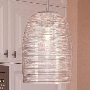 A unique and beautiful UQL2644 Contemporary Pendant Light, 16.5"H x 9"W, Polished Chrome Finish, San Sebastian Collection by Urban Ambiance hanging over a kitchen counter.