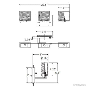 Technical line drawing of the Urban Ambiance UQL2722 Modern Bathroom Light from the San Diego Collection, showcasing front, top, and side views with detailed measurements labeled in inches. This contemporary fixture features three wavy glass shades and brushed nickel accents, measuring 6.75″ high by 22.5″ wide.