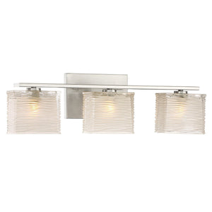 The Urban Ambiance UQL2722 Modern Bathroom Light from the San Diego Collection features three wavy glass shades and a sleek brushed nickel finish, mounted horizontally for a contemporary bath fixture look. Fixture dimensions are 6.75″H x 22.5″W.