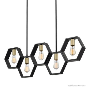 Three unique lights hanging from an Urban Ambiance UQL2771 Industrial Chandelier, 13