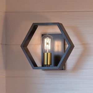 An UQL2773 Industrial Wall Sconce, 8.75"H x 10"W lighting fixture with a bulb in it.