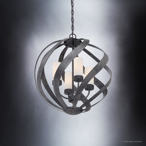 A gorgeous UQL2781 Rustic Chandelier with a sphere shape hanging from a chain.