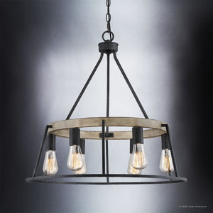 Suspended by a chain against a gradient background, the UQL2810 Industrial Chandelier from Urban Ambiance’s Bergen Collection features a round, open metal frame in an Ash Black finish with six exposed Edison bulbs. Measuring 24″ high by 24.5″ wide, this industrial-style chandelier effortlessly combines vintage charm and modern design for a striking centerpiece.