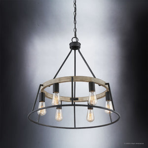 The Urban Ambiance UQL2810 Industrial Chandelier from the Bergen Collection features an open frame with exposed bulbs and a circular wooden and metal design in an Ash Black finish, suspended by a chain against a gradient background. Measuring 24 inches high by 24.5 inches wide, this statement chandelier blends industrial style with modern elegance.