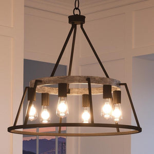 An UQL2810 Industrial Chandelier from Urban Ambiance, 24"H x 24.5"W, Ash Black Finish, Bergen Collection, featuring a gorgeous lighting fixture in a room.