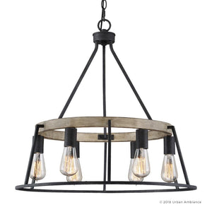 The Urban Ambiance UQL2810 industrial chandelier from the Bergen Collection features a round, open frame design crafted from wood and metal in an Ash Black finish, measuring 24 inches high by 24.5 inches wide. This statement piece showcases five downward-hanging exposed Edison bulbs for an industrial vintage appeal.