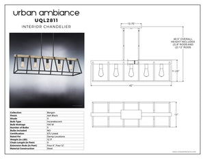 A unique lighting fixture diagram showcasing the dimensions of the UQL2811 Industrial Chandelier from the Bergen Collection by Urban Ambiance.