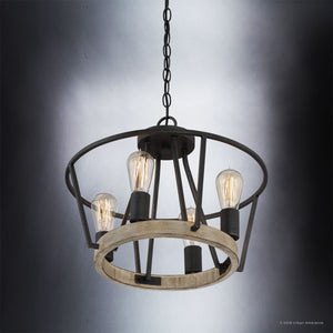 A unique UQL2813 industrial chandelier from Urban Ambiance with three lights and a metal frame.