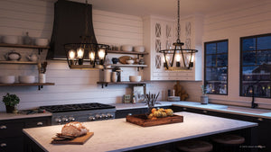 A kitchen with white cabinets and black counter tops and a lighting fixture from Urban Ambiance's Bergen Collection.