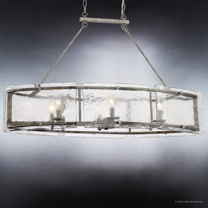 A gorgeous UQL2870 Industrial Chandelier from the Nantes Collection by Urban Ambiance with a circular glass shade.