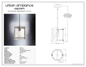 Diagram and photo of the Urban Ambiance UQL2871 Industrial Pendant from the Nantes Collection, shown with measurements and specifications. This fixture features a clear glass shade, steel canopy, a sleek Silver Etch finish, and detailed dimensions of 10″ high by 9.25″ wide for easy installation. Ideal for those seeking rustic kitchen lighting that combines modern style with timeless charm.
