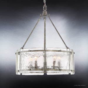 A unique Industrial Chandelier with a beautiful Silver Etch Finish, featuring a glass shade and metal frame, from the Nantes Collection.
