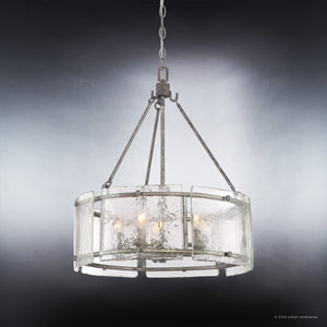 A unique urban ambiance UQL2872 industrial chandelier with a gorgeous silver etch finish and a beautiful round glass shade.