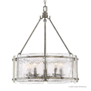 A unique Urban Ambiance UQL2872 Industrial Chandelier featuring a gorgeous silver etch finish, glass shade, and metal frame.