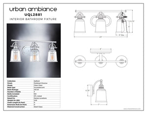 Diagram and specifications for the Urban Ambiance UQL2881 Industrial Bathroom Vanity Light from the Salford Collection, featuring a polished chrome finish, dimensions of 9.5″ high by 23″ wide, and three clear glass shades. This bathroom fixture combines modern industrial style with a distinctive clear glass design.