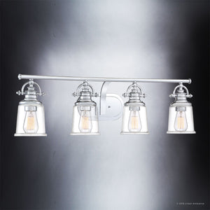Four UQL2882 Industrial Bathroom Vanity Light with gorgeous clear glass shades.